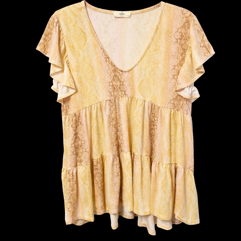 Entro Snake Print Babydoll Top | Tiered Ruffle Boho Blouse | Size M